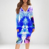 1 Piece Custom Casual Print V Neck Long Sleeve Midi Dress