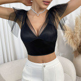 Low-cut Sexy See-through Mesh Splicing Short Top