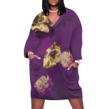 1 Piece Custom Casual Print V Neck Long Sleeve Plus Size Midi Dress