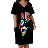 1 Piece Custom Casual Print V Neck Short Sleeve Plus Size Midi Dress
