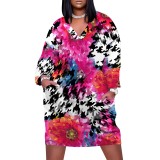 1 Piece Custom Casual Print V Neck Long Sleeve Plus Size Midi Dress