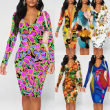 1 Piece Custom Casual Print V Neck Long Sleeve Midi Dress