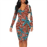 1 Piece Custom Casual Print V Neck Long Sleeve Midi Dress