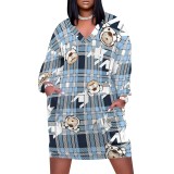 1 Piece Custom Casual Print V Neck Long Sleeve Plus Size Midi Dress
