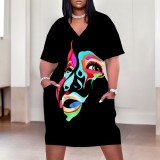1 Piece Custom Casual Print V Neck Short Sleeve Plus Size Midi Dress