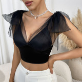 Low-cut Sexy See-through Mesh Splicing Short Top