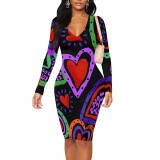 1 Piece Custom Casual Print V Neck Long Sleeve Midi Dress