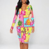 1 Piece Custom Casual Print V Neck Long Sleeve Midi Dress