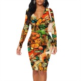1 Piece Custom Casual Print V Neck Long Sleeve Midi Dress