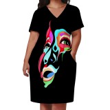 1 Piece Custom Casual Print V Neck Short Sleeve Plus Size Midi Dress