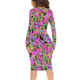 1 Piece Custom Casual Print V Neck Long Sleeve Midi Dress
