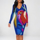 1 Piece Custom Casual Print V Neck Long Sleeve Midi Dress