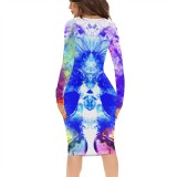 1 Piece Custom Casual Print V Neck Long Sleeve Midi Dress