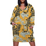 1 Piece Custom Casual Print V Neck Long Sleeve Plus Size Midi Dress