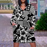 1 Piece Custom Casual Print V Neck Long Sleeve Plus Size Midi Dress