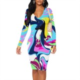 1 Piece Custom Casual Print V Neck Long Sleeve Midi Dress