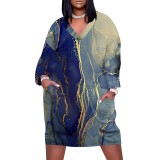 1 Piece Custom Casual Print V Neck Long Sleeve Plus Size Midi Dress