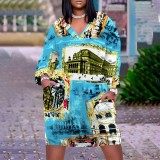 1 Piece Custom Casual Print V Neck Long Sleeve Plus Size Midi Dress