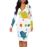 1 Piece Custom Casual Print V Neck Long Sleeve Midi Dress
