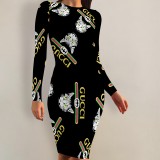 1 Piece Custom Casual Print Long Sleeve Midi Dress