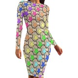 1 Piece Custom Casual Print Long Sleeve Midi Dress