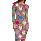 1 Piece Custom Casual Print Long Sleeve Midi Dress