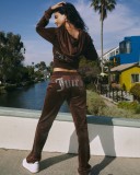 Fashion Zipper Long Sleeve Diamond Velvet Hoodie and Joggers Two-Piece Set
