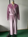 Fashion Zipper Long Sleeve Diamond Velvet Hoodie and Joggers Two-Piece Set