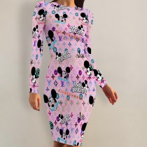 1 Piece Custom Casual Print Long Sleeve Midi Dress