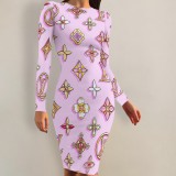 1 Piece Custom Casual Print Long Sleeve Midi Dress