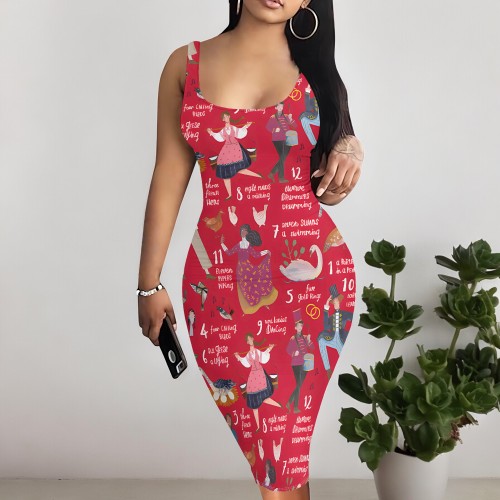 1 Piece Custom Casual Print Sleeveless Midi Dresses