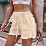 Elastic Waist Drawstring Jeans Casual High Waist Denim Shorts