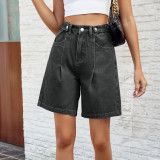Womens Washed Denim Shorts Long Inseam Stretchy Half Jean