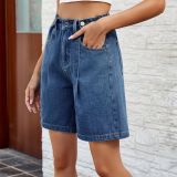 Womens Washed Denim Shorts Long Inseam Stretchy Half Jean
