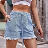 Elastic Waist Drawstring Jeans Casual High Waist Denim Shorts