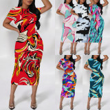 1 Piece Custom Casual Print Crew Neck Short Sleeve Midi Dress