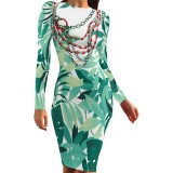 1 Piece Custom Casual Print Crew Neck Long Sleeve Midi Dress