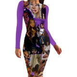 1 Piece Custom Casual Print Crew Neck Long Sleeve Midi Dress