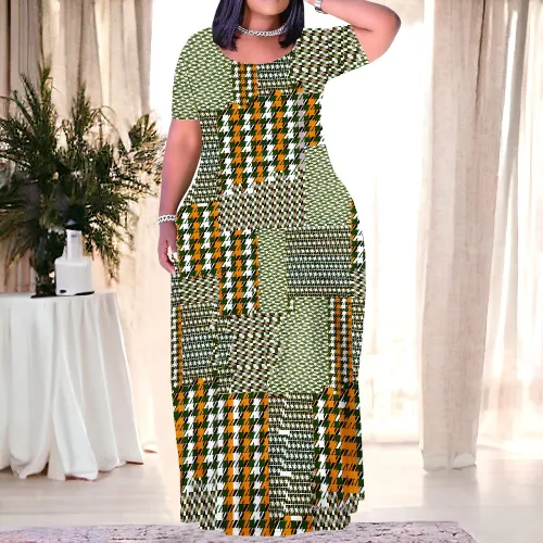 1 Piece Custom Casual Print Crew Neck Short Sleeve Plus Size Long Dress