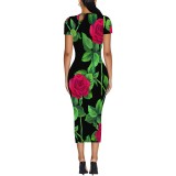 1 Piece Custom Casual Print Crew Neck Short Sleeve Midi Dress