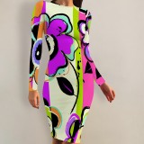 1 Piece Custom Casual Print Crew Neck Long Sleeve Midi Dress