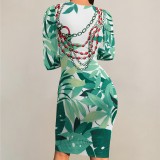 1 Piece Custom Casual Print Crew Neck Long Sleeve Midi Dress