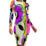 1 Piece Custom Casual Print Crew Neck Long Sleeve Midi Dress