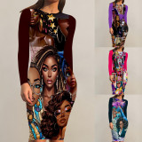 1 Piece Custom Casual Print Crew Neck Long Sleeve Midi Dress