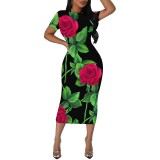 1 Piece Custom Casual Print Crew Neck Short Sleeve Midi Dress