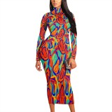 1 Piece Custom Casual Print High Neck Long Sleeve Maxi Dress