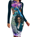 1 Piece Custom Casual Print Crew Neck Long Sleeve Midi Dress