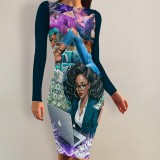 1 Piece Custom Casual Print Crew Neck Long Sleeve Midi Dress