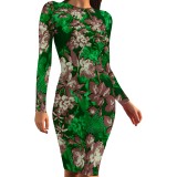 1 Piece Custom Casual Print Crew Neck Long Sleeve Midi Dress