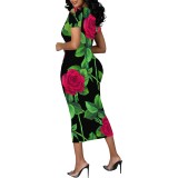 1 Piece Custom Casual Print Crew Neck Short Sleeve Midi Dress